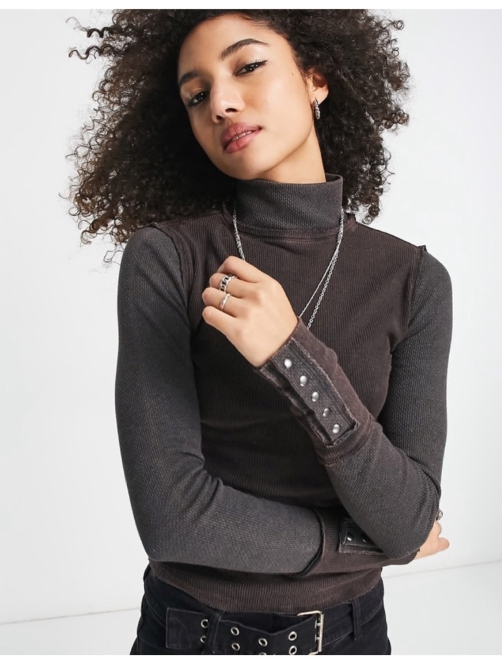We the free by Free People Freya Mockneck snap cuff waffle ribbed top size XS